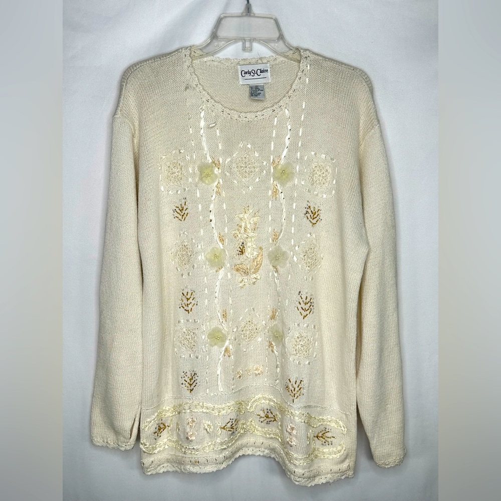 Vintage Carly St Claire Sweater Embroidered Floral Beaded Cardigan‎ Cottage SzL